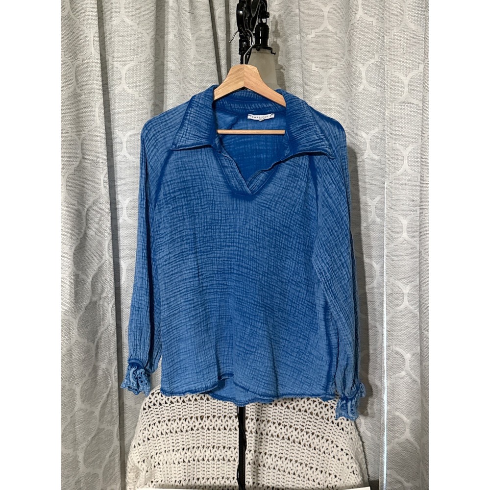 Tempo Paris Blue Crinkle Gauze Cotton Eyelet Ruffle Cuff Top Italy S/M